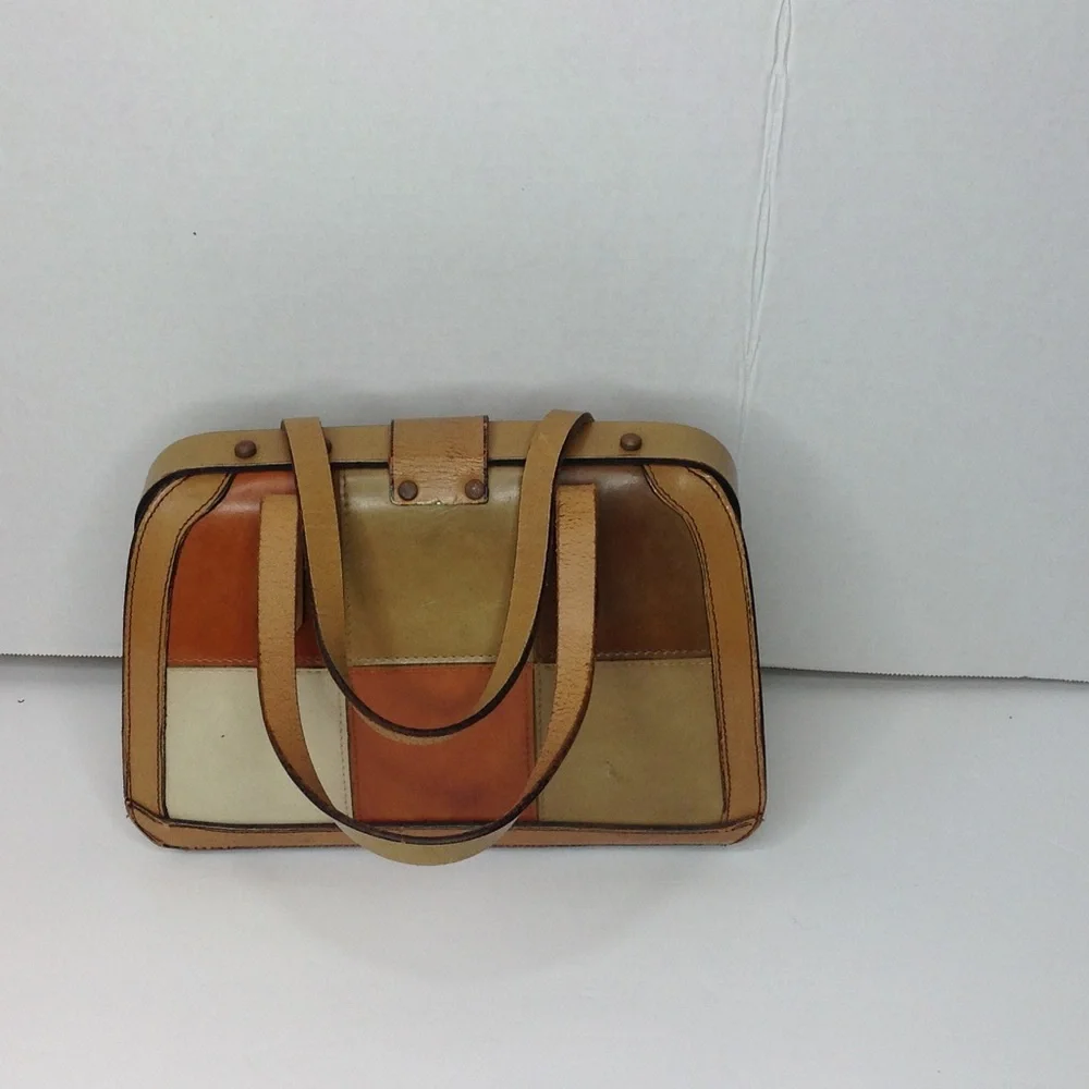 1980's Green Handbag Tan Color Block Leather
